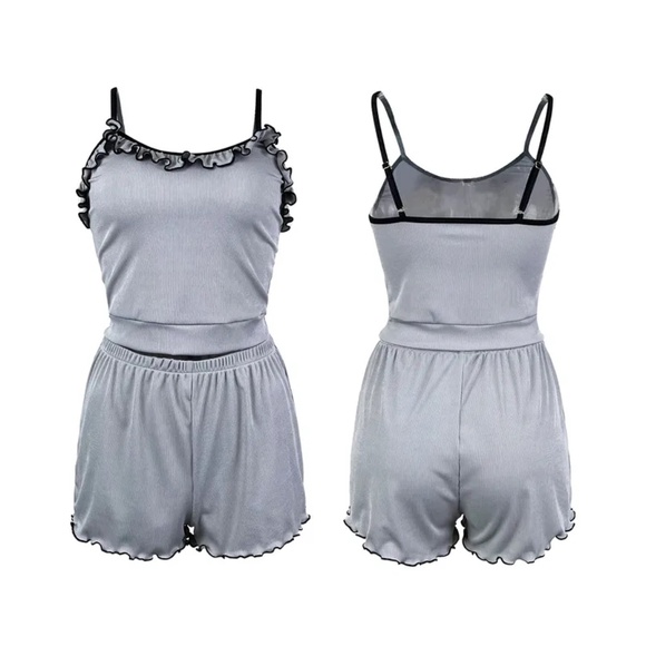 2/$30 Ruffle Trim Grey Pajama Matching Set Shorts Sleeveless Top Pj Sleepwear M - Picture 6 of 7